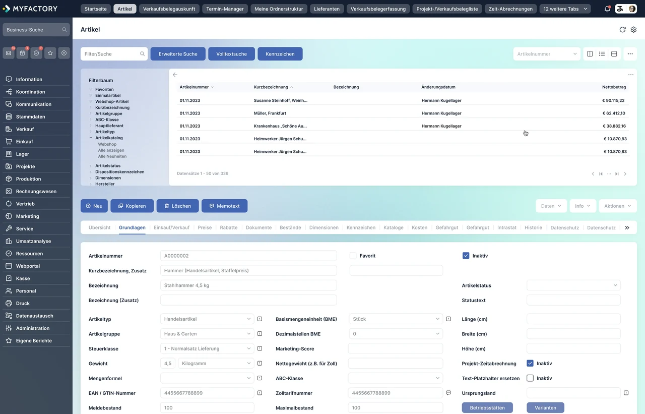 Myfactory: item management with a filter tree, item list and item master data