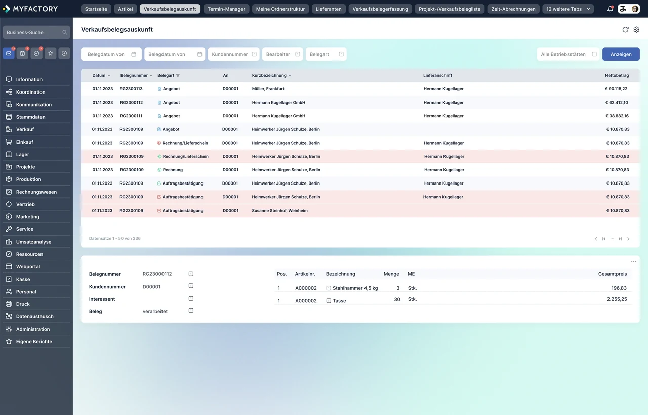 Myfactory: sales document enquiry with a document list, document types and line items